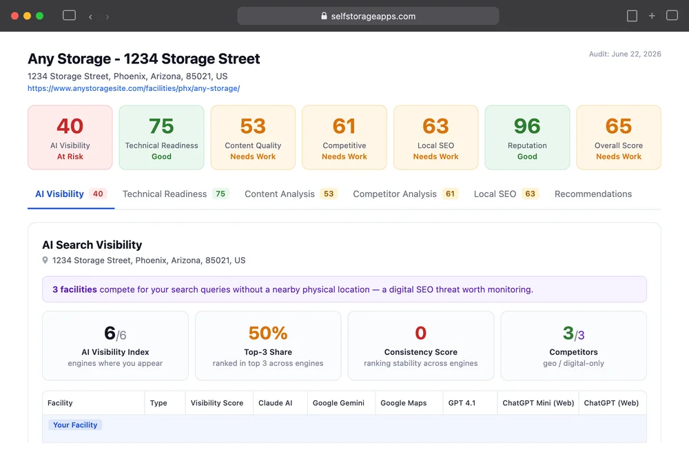 A DriveUp report: AI visibility, technical readiness, content, competitive, local SEO and reputation scores for a sample self-storage facility